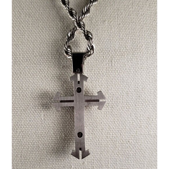 Vintage Stainless Steel 3D Cross Pendant Thick 23" Rope Necklace - Picture 14 of 16